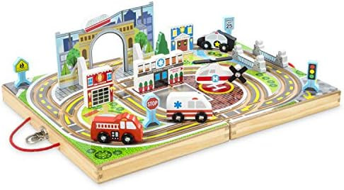 Melissa & Doug 18-Piece Wooden Take-Along Tabletop Town, 4 Rescue Vehicles, Play Pieces, Bridge | Amazon (US)