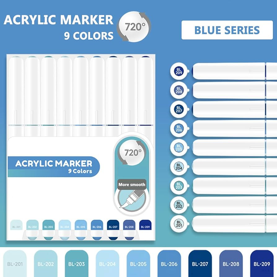 Water Based Acrylic Paint Markers Blue, 9 Colors Acrylic Paint Pens Set with Soft Brush Tip, Mark... | Amazon (US)