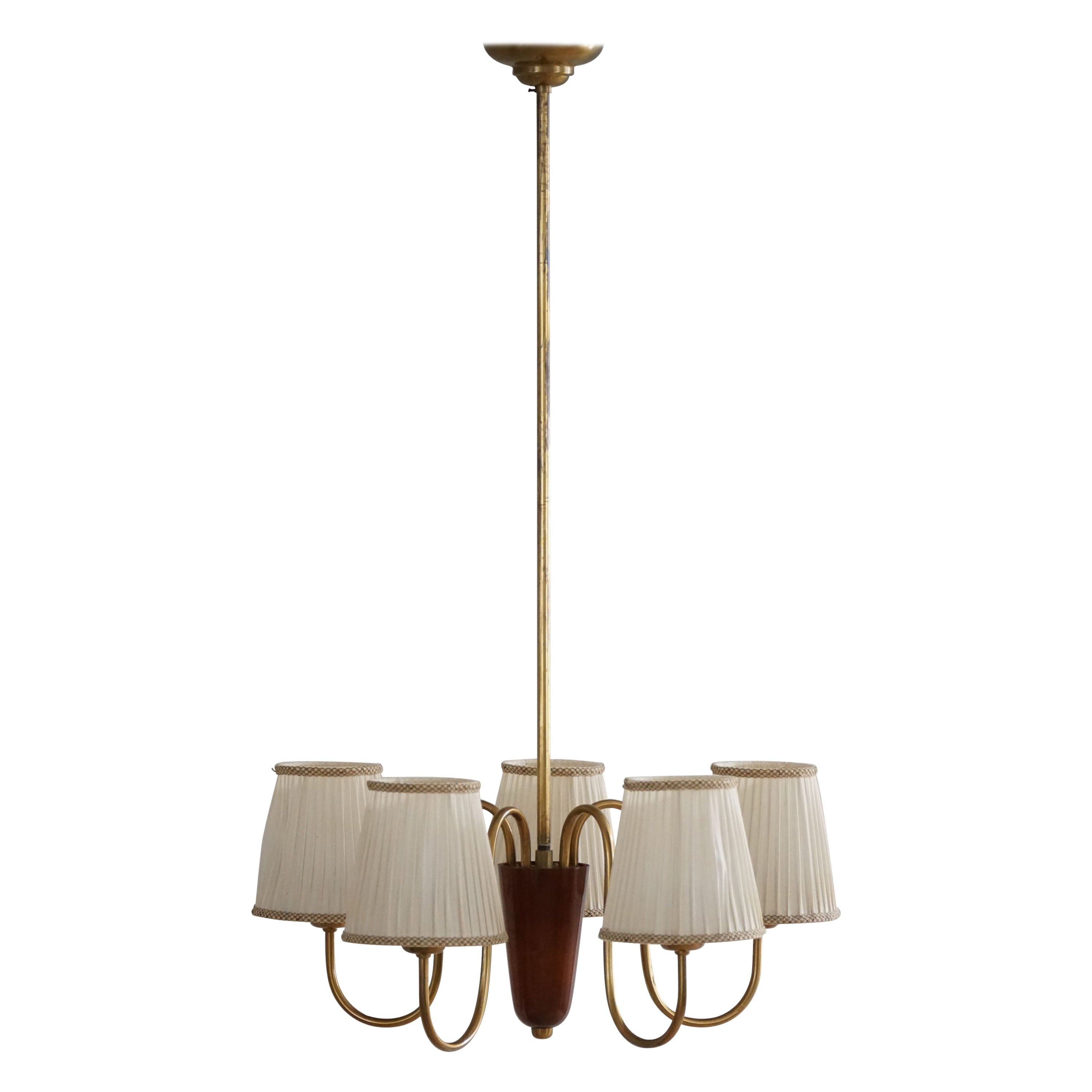 Swedish Designer, 5 Arm Teak & Brass Chandelier, Mid-Century Modern, 1950s | 1stDibs