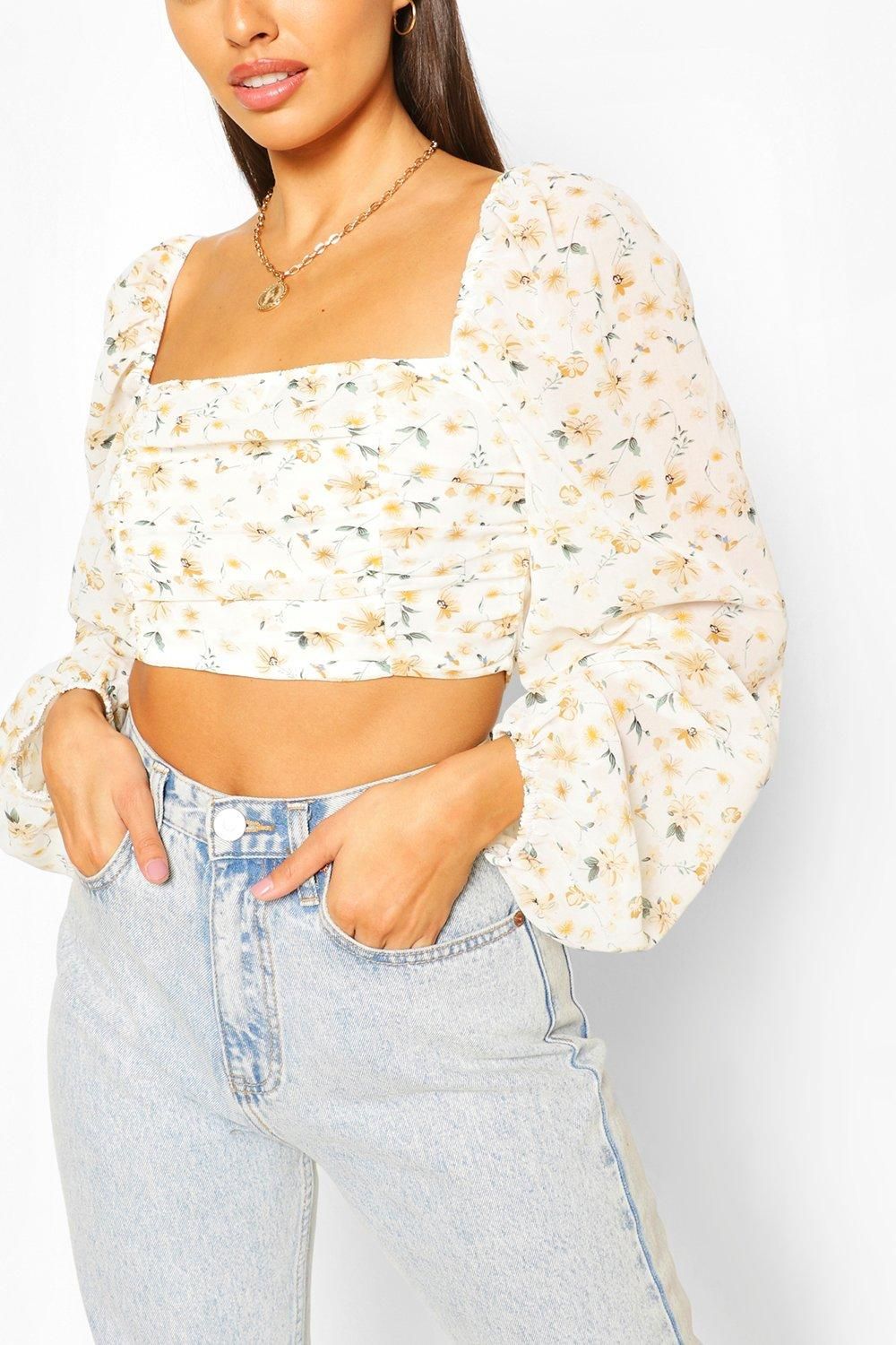 Womens Woven Ditsy Ruched Crop Top - White - 10 | Boohoo.com (US & CA)