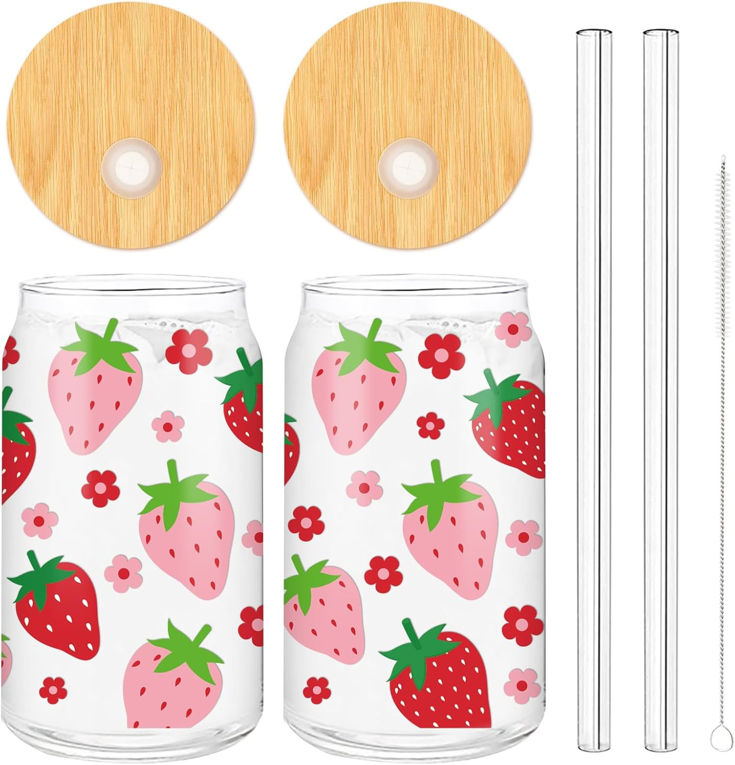 Whaline 2 Pack Strawberry Iced Coffee Cup Red Pink Strawberry Flower Drinking Glasses Cute Beer C... | Amazon (US)