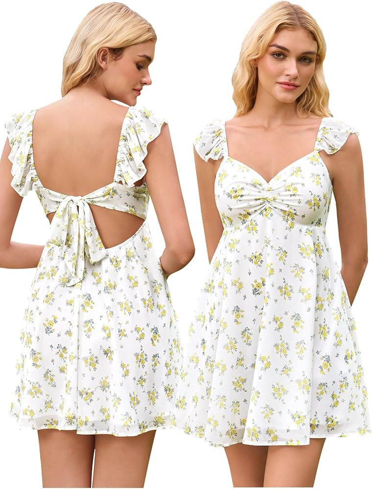 HTZMO Women Summer Floral Short Sundress V Neck Ruffle Bow Tie Sexy Backless A Line Flowy Cute Ca... | Amazon (US)
