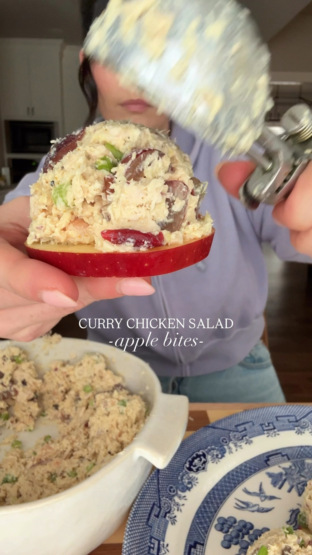 Apples are great on their own, but when topped with my Grandma Sue Sue’s Curry Chicken Salad, they become unforgettable!

This is your sign to add my Protein Curry Chicken Salad Apple Bites to your menu next week…the sweet and savory combo is truly delicious!

✨Protein Curry Chicken Salad✨
Ingredients:
	•3  1/2 cups finely chopped rotisserie chicken
	•1 cup red grapes, halved 
	•1/4 cup red onion, finely diced
	•2 green onions, thinly sliced 
	•3/4-1 cup blended cottage cheese (or Greek yogurt-for dairy free sub mayo or dairy free yogurt)
	•1 tablespoon lemon juice
	•1 1/2 teaspoons curry powder (add an additional 1/2 tsp if you like a super strong curry flavor)
	•1/2 teaspoon garlic powder
	•1/4 teaspoon onion powder
	•Salt and freshly ground black pepper, to taste
      • 3 tbsp chopped pecans or walnuts 
	•1-2 large apples (such as Honeycrisp or Granny Smith)

Instructions:
✨Prepare the Chicken Salad: In a large mixing bowl, combine finely chopped rotisserie chicken, red grapes, red onion, sgreen onions, blended cottage cheese, or Greek yogurt (can also sub mayo or dairy-free yogurt, lemon juice, curry powder, salt, pepper, garlic powder, and onion powder and mix. Cover and refrigerate the chicken salad for at least 30 minutes to allow the flavors to meld

✨Prepare the Apple Slices: Wash and dry apples.Slice horizontally into 1/4-inch rounds.Use a small round cutter or piping tip to remove the core from each slice, creating rings. To prevent browning, lightly brush slices with a lemon juice and water mixture.

✨Place apple slices on a serving platter. Top each with a spoonful of chilled curry chicken salad. Garnish as desired.

Tips💡
✨Apple Variety: Choose firm apples that are sweet yet slightly tart, such as Honeycrisp or Granny Smith, to complement the curry flavors.

✨Preventing Browning: To keep apple slices looking fresh, dip them in a solution of one part lemon juice to three parts water, then pat dry.

#LTKSeasonal #LTKHome #LTKWatchNow