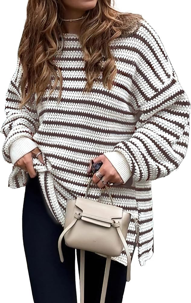 KIRUNDO Women's 2026 Fall Winter Oversized Long Sleeve Striped Sweater Casual Crewneck Side Split... | Amazon (US)