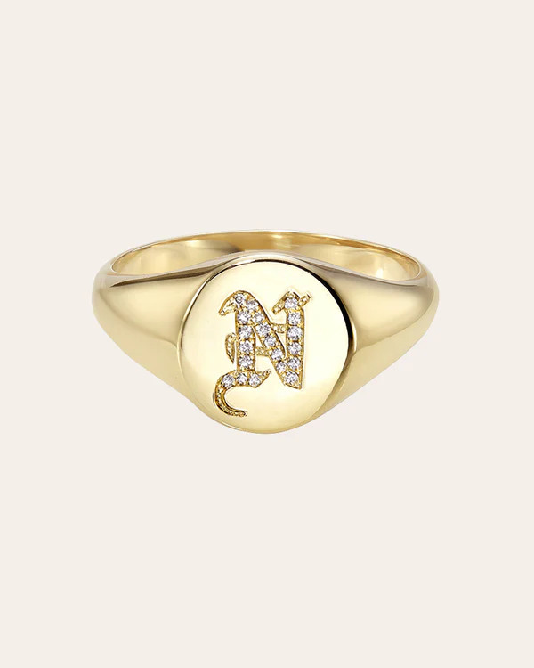 Diamond Gothic Initial Small Signet Ring | Zoe Lev Jewelry