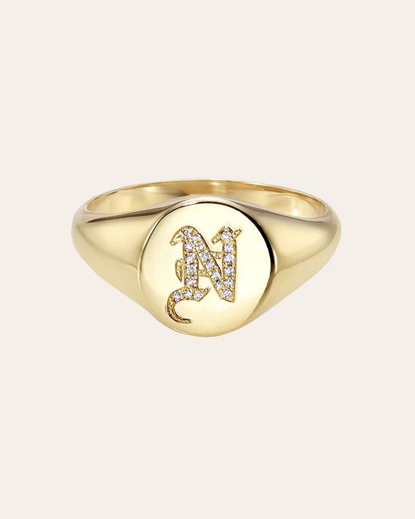 Diamond Gothic Initial Small Signet Ring | Zoe Lev Jewelry