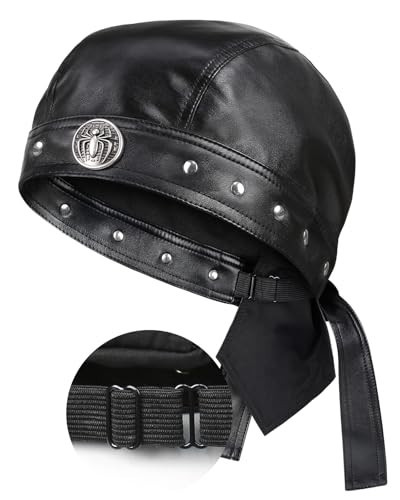 NTAWYT Unisex Leather Biker Skull Cap for Riding Adjustable Doo Rags & Cycling Bandana Black | Amazon (US)