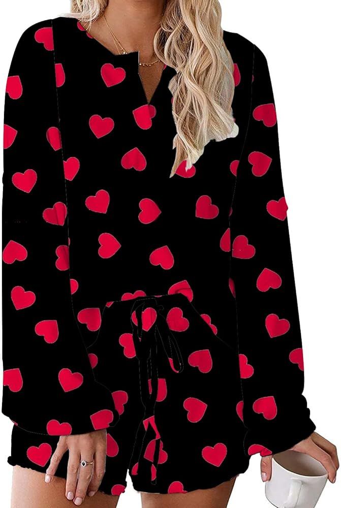 Womens Printed Ruffle Short Pajamas Set Long Sleeve Tops and Shorts PJ Set Loungewear Nightwear Slee | Amazon (US)