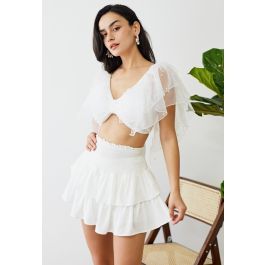 Tiered Ruffle Shirred Waist Mini Skirt in White | Chicwish