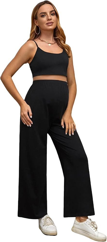 OYOANGLE Women's Maternity 2 Piece Outfits Spaghetti Strap Round Neck Cami Crop Top and Wide Leg ... | Amazon (US)