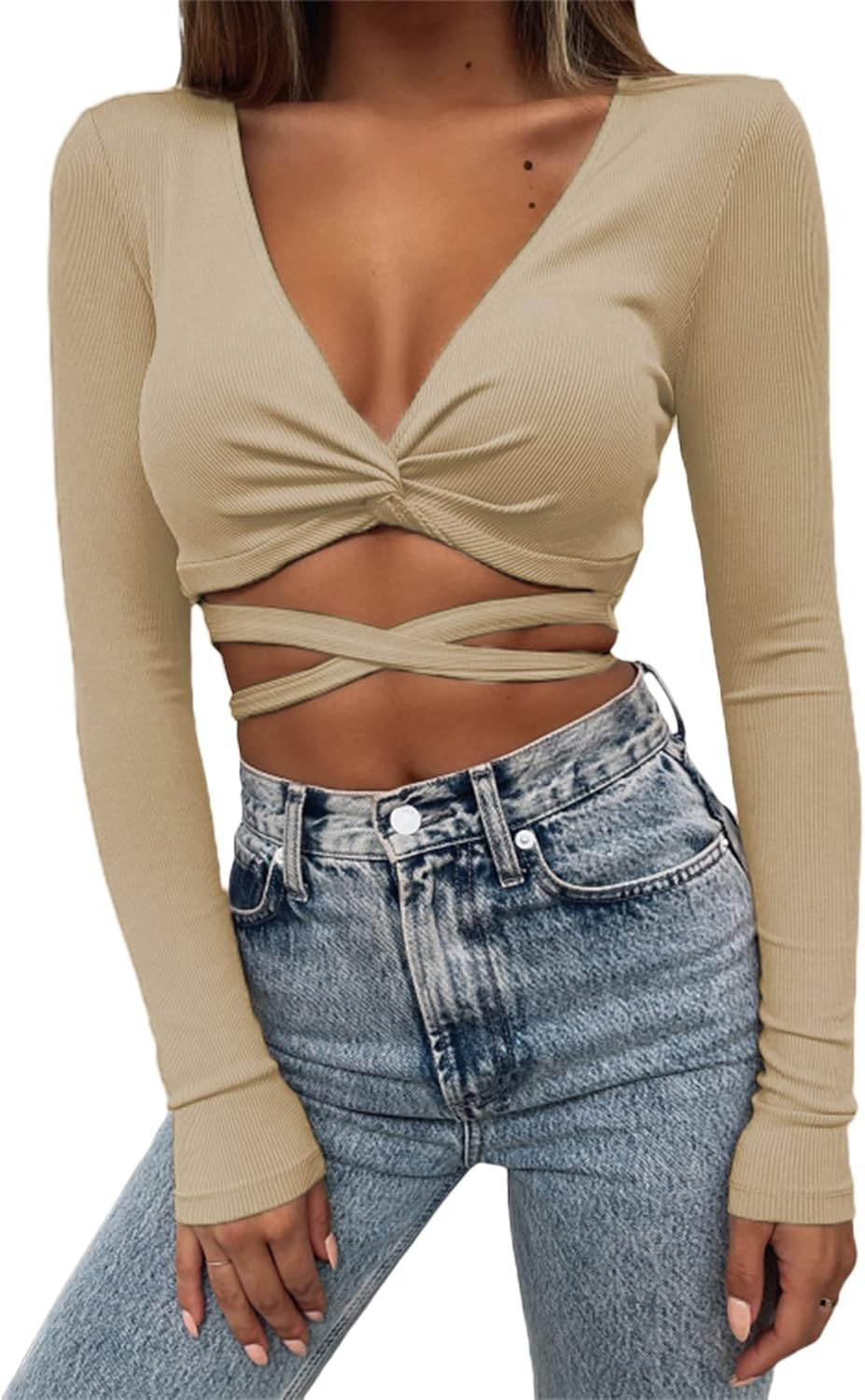 SOFIA'S CHOICE Women's Sexy Twist Knot Crop Top Tie Up Back Long Sleeve Shirt | Amazon (US)