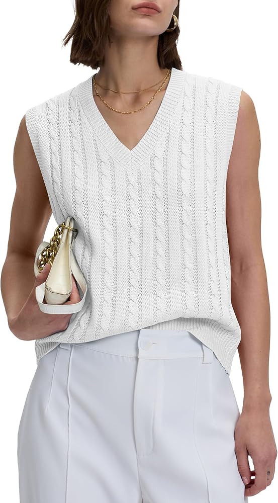Locachy Women's Vintage Loose V Neck Sleeveless Cable Knit Preppy Style Pullover Sweater Vest | Amazon (US)