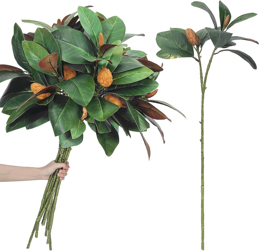 10 Pcs Magnolia Artificial Branches 32 Inch 3D Magnolia Pick Faux Stems with Leaves and Fruit Gre... | Amazon (US)