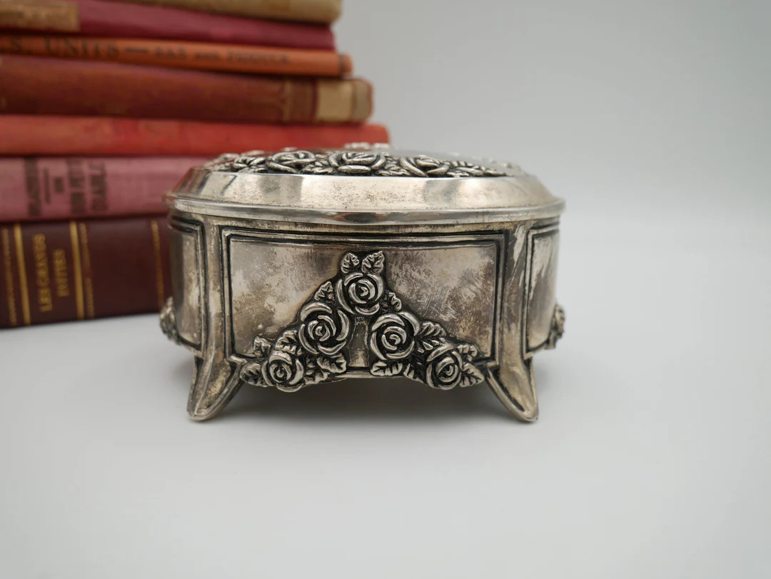 Vintage silver plated jewelry casket, embossed roses, engagement or wedding proposal ring box | Etsy (US)