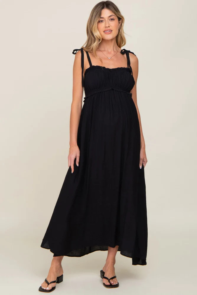 Black Sleeveless Ruffle Trim Maternity Maxi Dress | PinkBlush Maternity