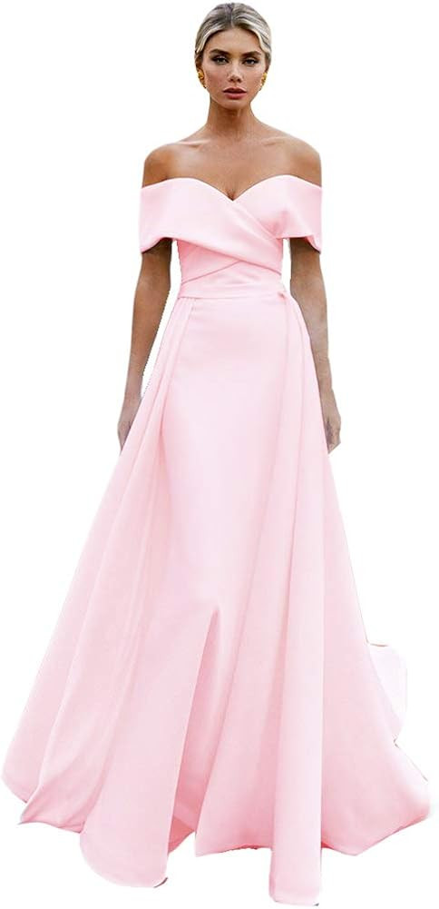 Yuki Isabelle Women's Off Shoulder White Mermaid Wedding Dress Detachable Train Satin Long Prom E... | Amazon (US)
