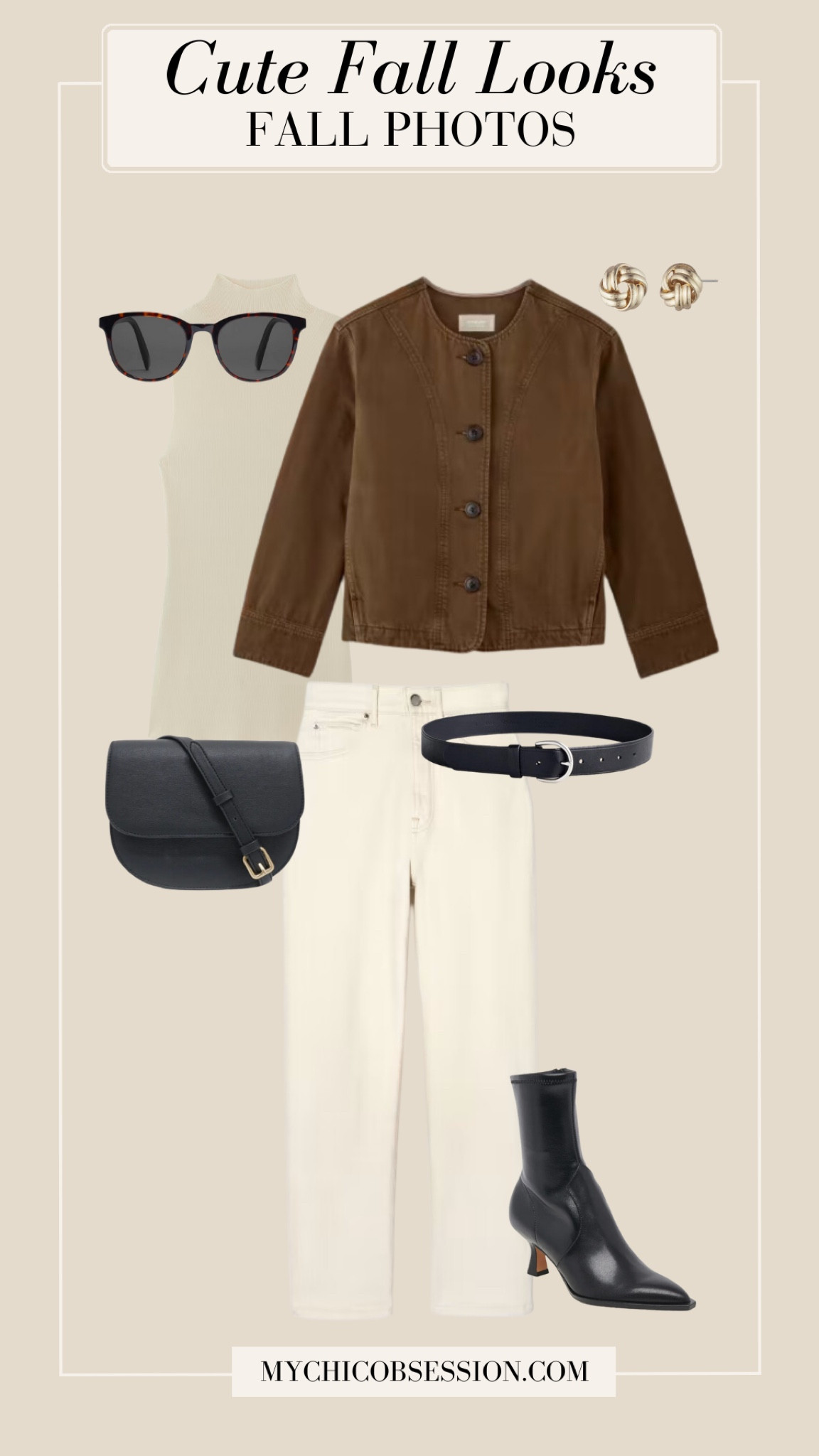 Style a fall outfit for photos. Pair a denim jacket with white jeans. A sleeveless turtleneck, sunglasses, a crossbody bag, black belt, and leather boots.

#LTKStyleTip #LTKSeasonal