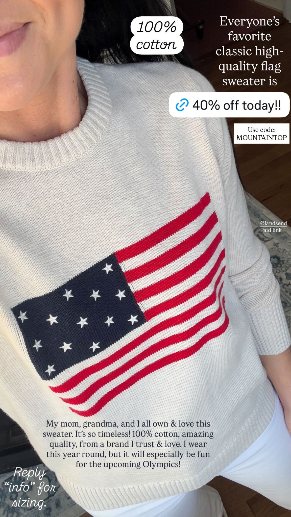 My favorite flag sweater is 40% off with code: MOUNTAINTOP👏

This is such a classic and timeless style. 100% cotton & amazing quality. In my opinion, this fits TTS with a classic, relaxed fit. I’m wearing an XS.

Lands end, Olympics, crewneck sweater, spring sweater, Memorial Day 

#LTKSaleAlert #LTKSeasonal #LTKootd