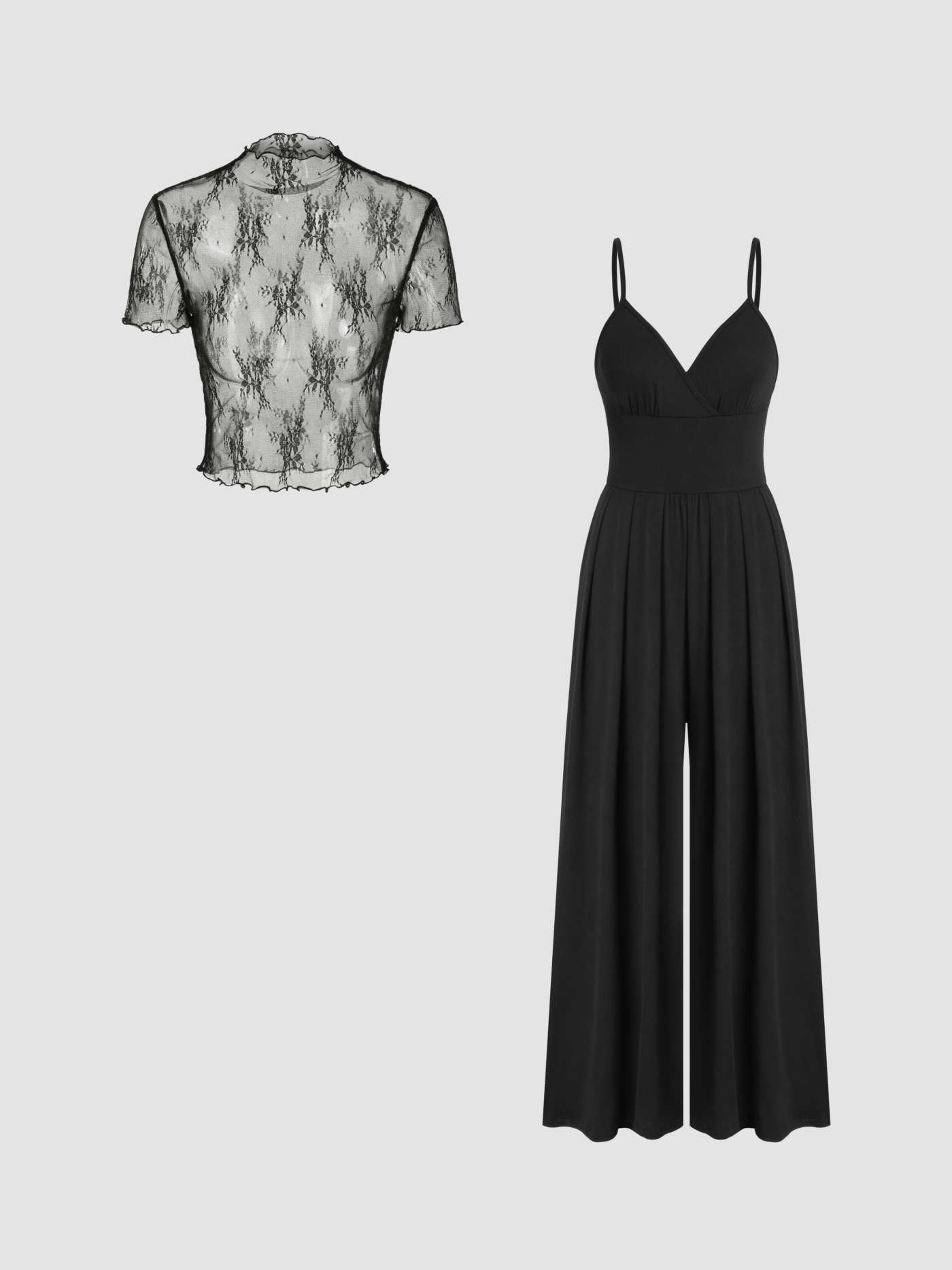 Two Piece Sets Knit Fabric Lace See-through Top & V Neck Wide Leg Jumpsuit For Party/Clubbing | Cider