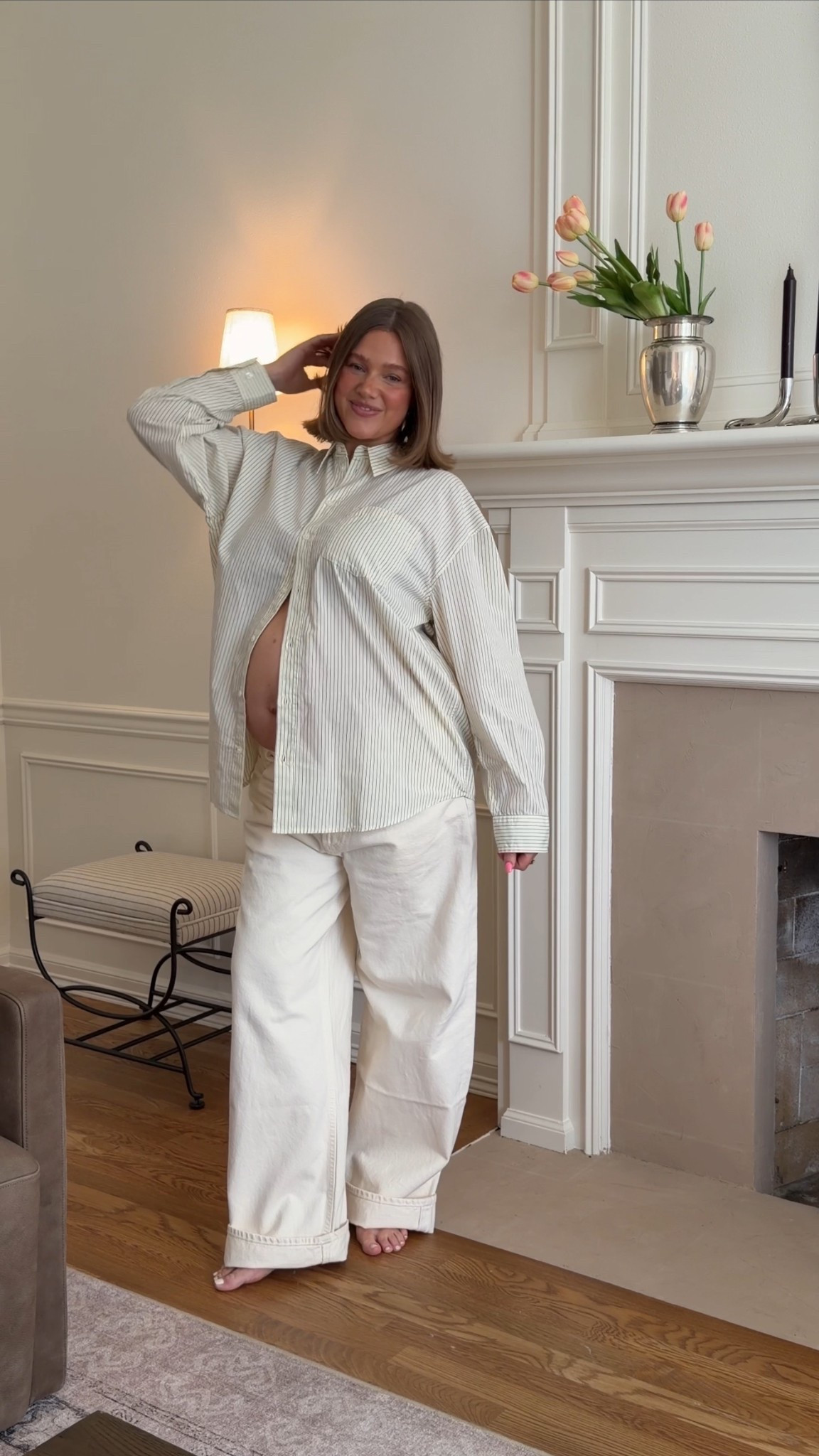 Size L in everything except pink striped sweater I got a medium it runs big! Honestly everything runs pretty loose so stick with true size. I went up in low rise jeans to a 31 for pregnancy, my typical size in this jean is a 29 for a low rise fit. Loveeee them. 

#pregnancy #bresheppard #pregnant #secondtrimester #aritzia #lowrise #agolde #ltkbump #ltkgrwm