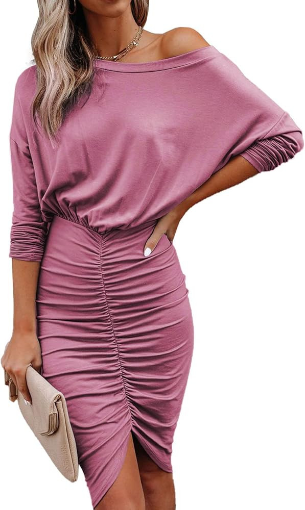 KIRUNDO Women's Elegant Ruched Bodycon Dress Long Sleeve Off Shoulder Dress Sexy Party Club Cocktail | Amazon (US)