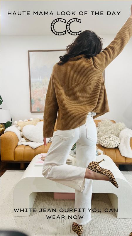 HAUTE MAMA LOOK OF THE DAY
 Stylist Tip to wear white jeans right now.
Pick an off white pair and wear them with classic wardrobe staples like a pullover and neutral animal print shoes.

#LTKstyletip