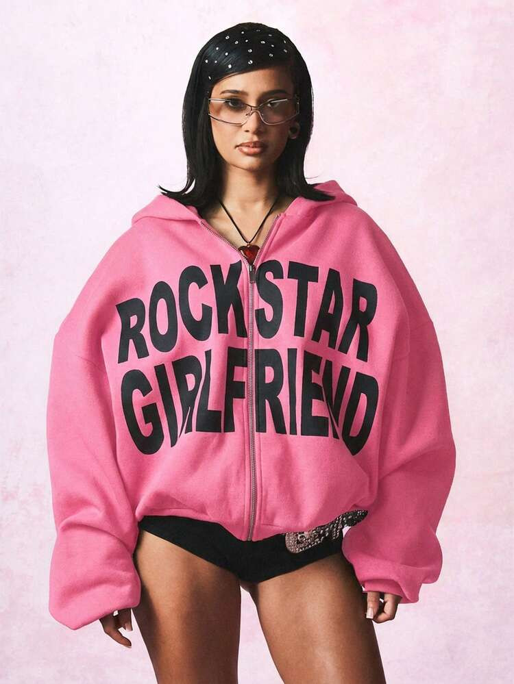 SUMWON WOMEN Oversized Zip Up Hoodie With Bold Rockstar Girlfriend Text Print Long Sleeve Sweatshirt For Casual Streetwear | SHEIN