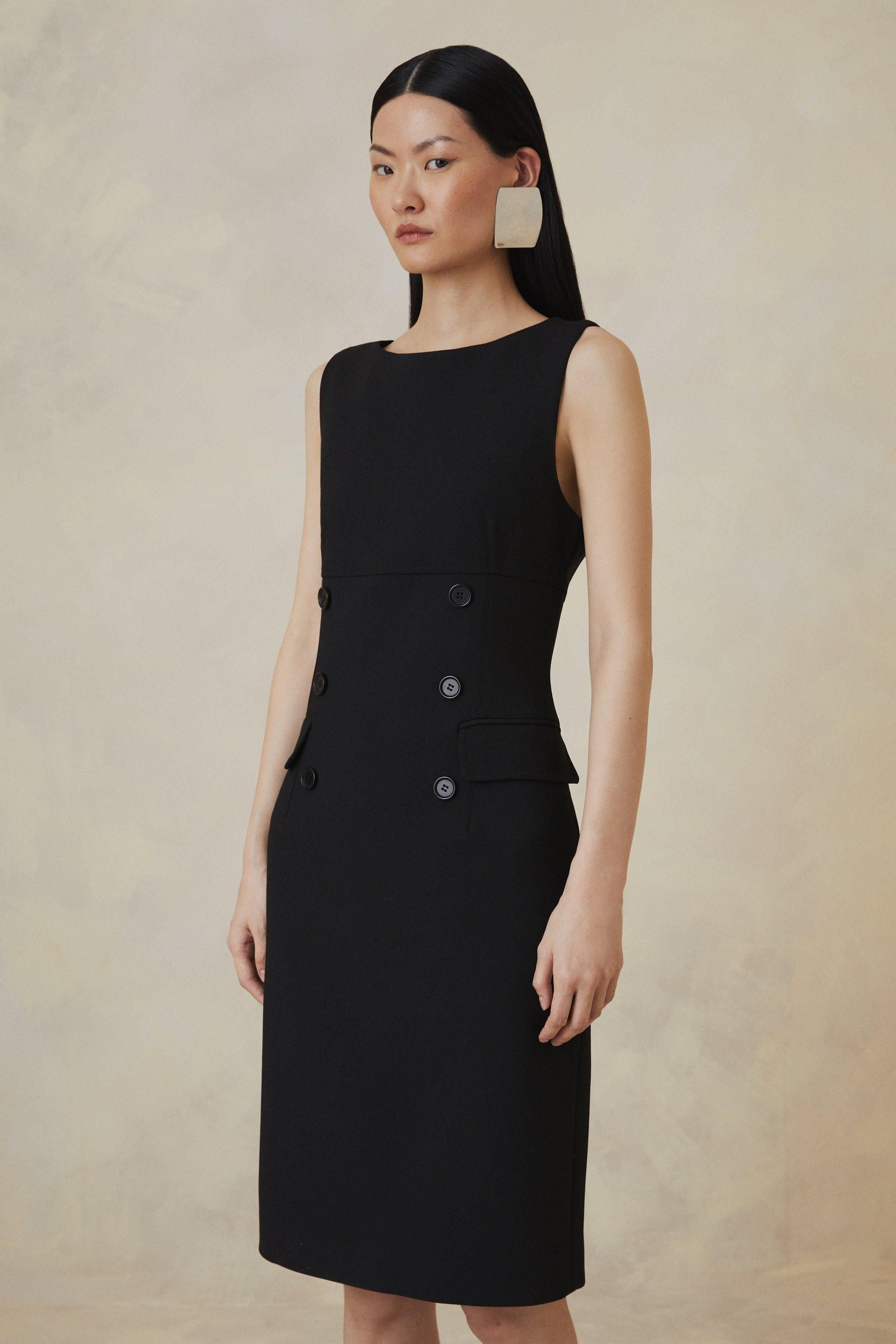 The Founder Compact Stretch Button Detail Woven Midi Dress | Karen Millen UK + IE + DE + NL