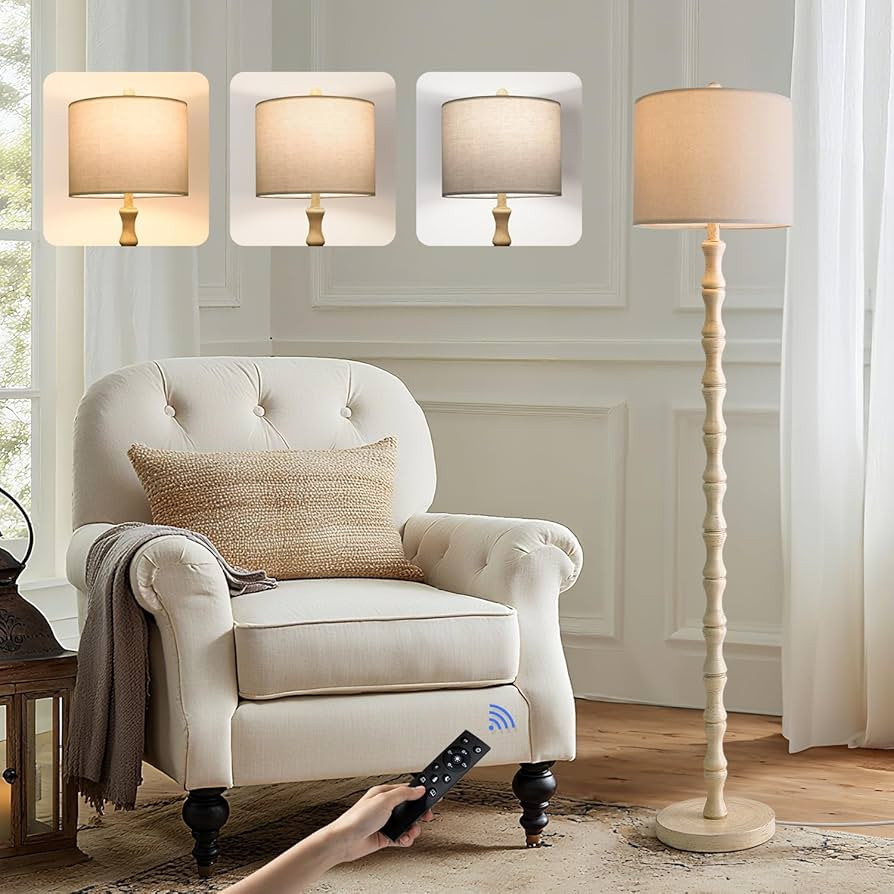 BOBOMOMO 62" Rustic Farmhouse Floor Lamp Antique White with Remote & Dimmable 9W Bulb, 3 Color Te... | Amazon (US)