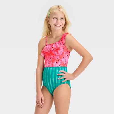 Girls' Fruit Printed One Piece Swimsuit - Cat & Jack™ Red/Turquoise Green L Plus | Target