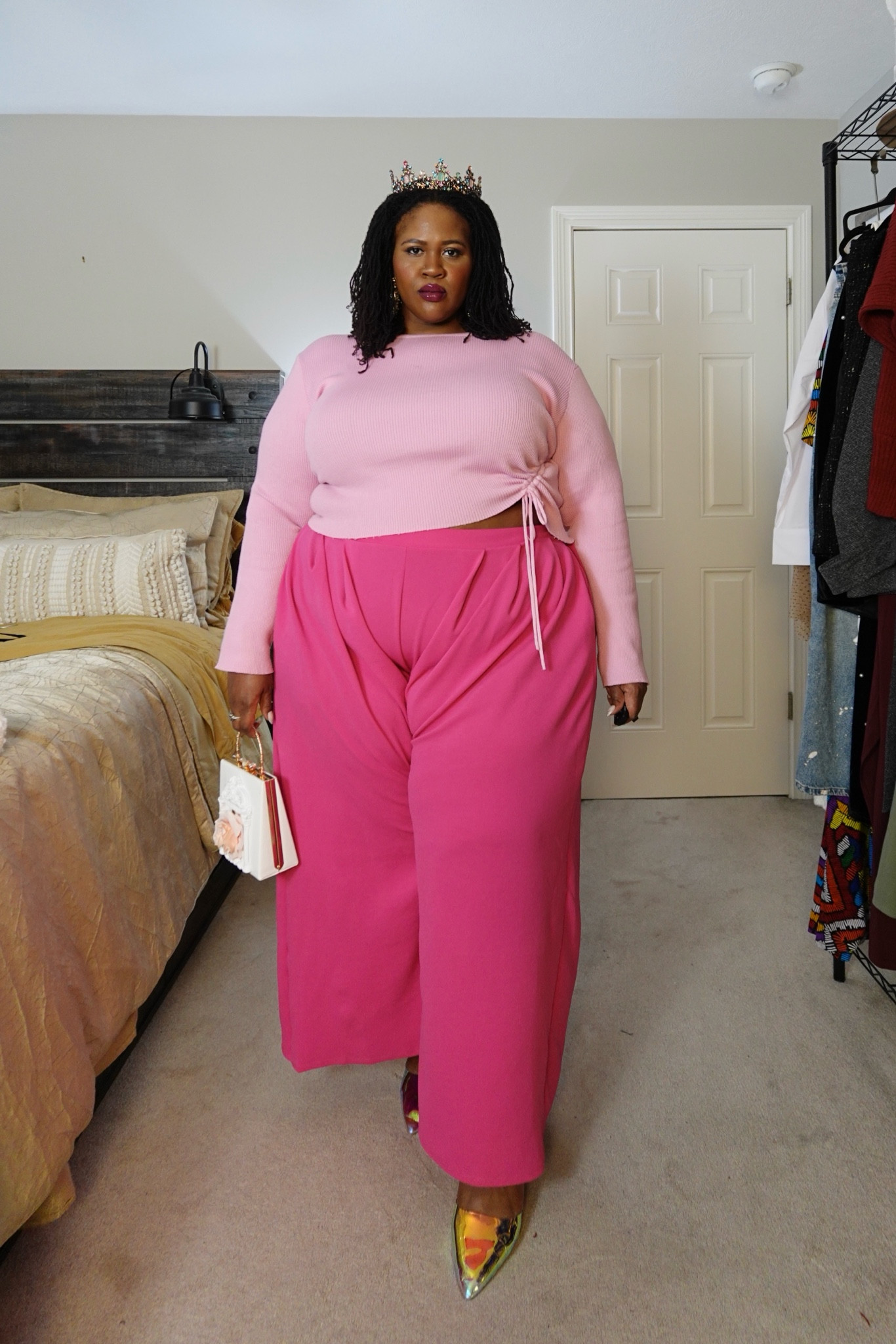 I’m wearing a size 3X in the wide leg pants. I’ve linked to an alternative of the pink sweater and recommend getting a size 24. The shoes are a size 12W.

The loungewear set at the beginning is in a size 26 and I’ve linked to a cute alternative of the shrug. This look is a reminder to treat others the way you want to be treated, but don’t forget to show yourself that same grace and compassion.

#LTKPlusSize #LTKFindsUnder50 #LTKStyleTip