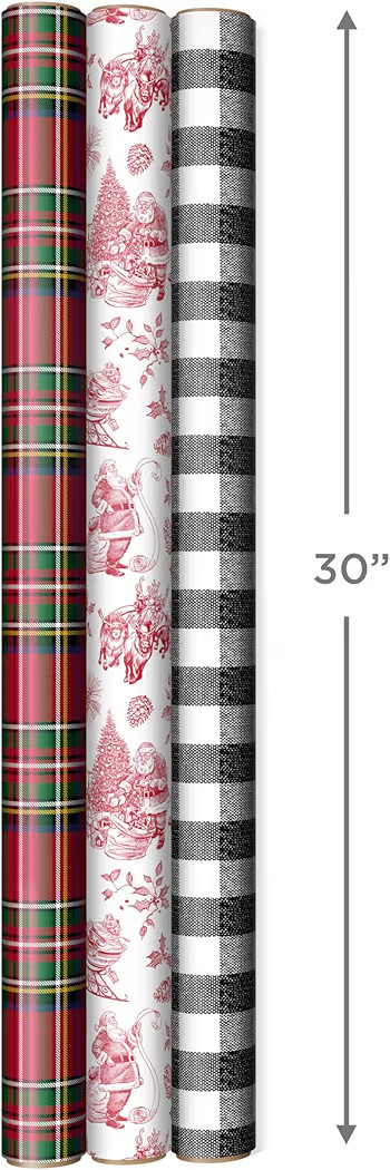 Hallmark Christmas Wrapping Paper Rolls, Holiday Plaid (3-Pack: 120 Sq. Ft. Ttl) Red Toile, Black... | Amazon (US)