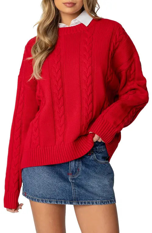 EDIKTED Acacia Oversize Cotton Cable Sweater in Red at Nordstrom, Size X-Large | Nordstrom