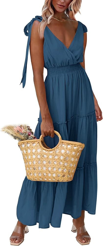 PRETTYGARDEN Women's Cross Neck Summer Sleeveless Tiered Maxi Dress Beach Tie Strap Smocked Long ... | Amazon (US)