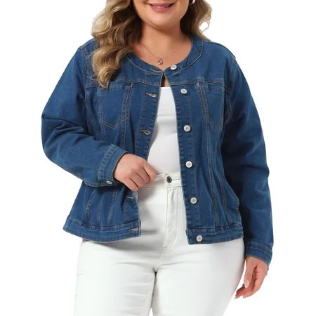 DARING DIVA Women s Plus Denim Collarless Button Jean Jacket 1X Dark Blue | Walmart (US)