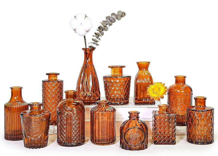 12Pcs Glass Bud Vase Set, Small Dark Brown Flower Vase for Centerpieces, Bud Vases in Bulk, Mini ... | Amazon (US)