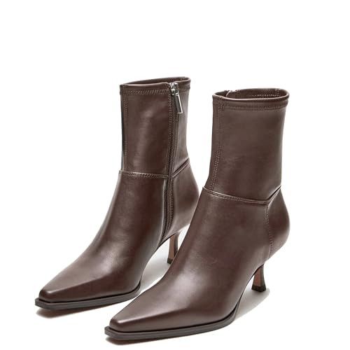 Atsroel Kitten Heel Ankle Boots For Women Pointed Toe Fall Booties Side Zip Dressy Short Booties Low Heel Chocolate Brown Boots Size 11 | Amazon (US)