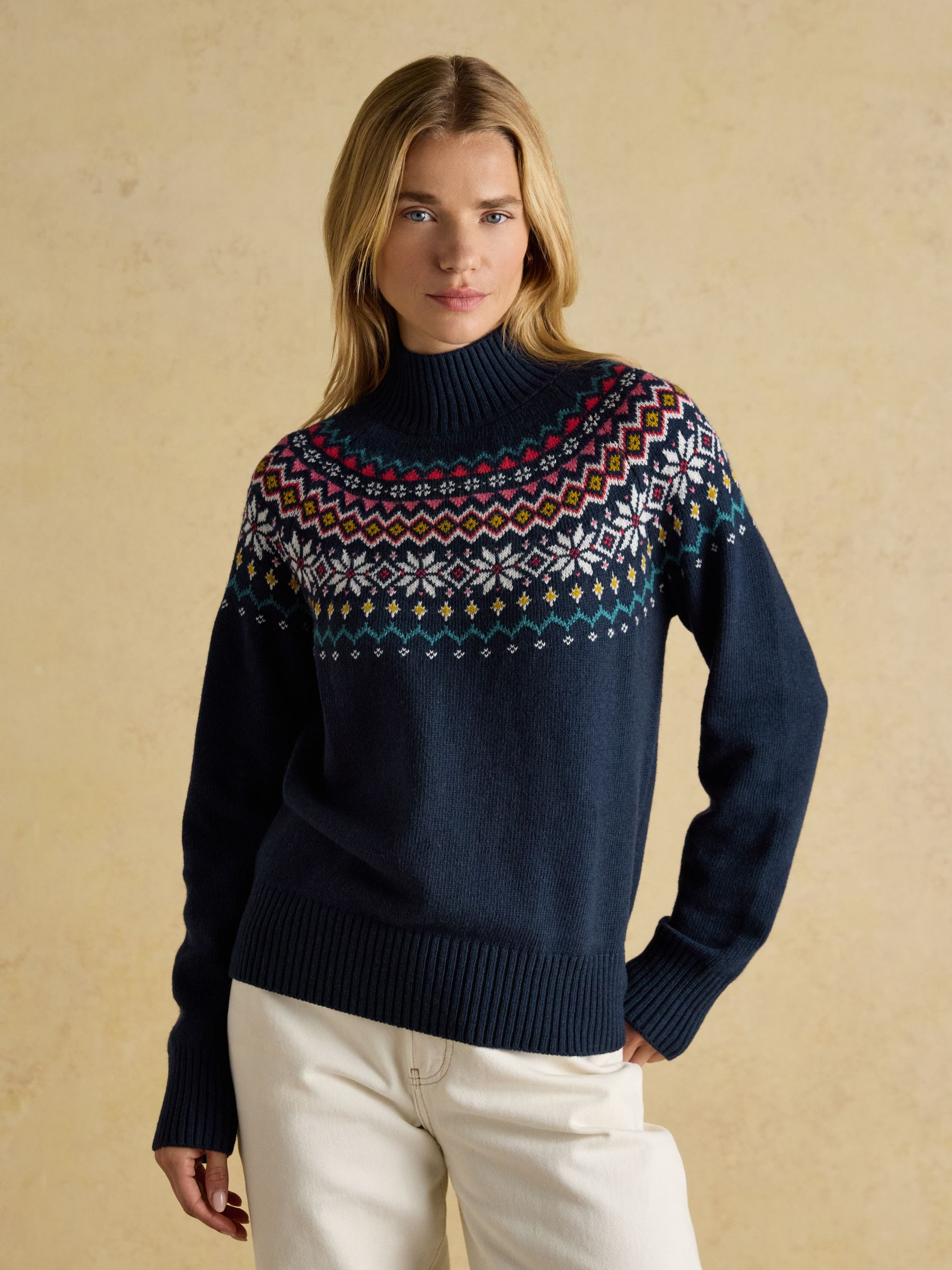 Alba Navy Fair Isle High Neck Cotton-Blend Jumper | Joules | Joules