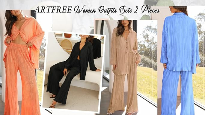 ARTFREE Womens Loungewear Set 2 Pieces Casual Pleated Outfits Sweatsuits Long Sleeve Button Down ... | Amazon (US)