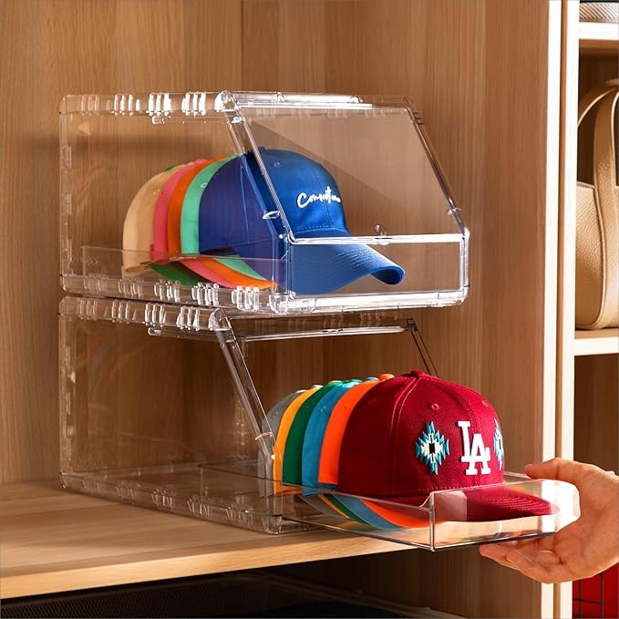 2 Pack Hat Organizer for Baseball Caps – Stackable Clear Display Box with Sliding Drawer, Holds... | Amazon (US)