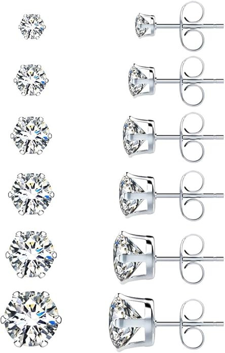 UHIBROS Stainless Steel Stud Earrings Set Hypoallergenic Cubic Zirconia 18K White Gold 316L CZ Ea... | Amazon (US)