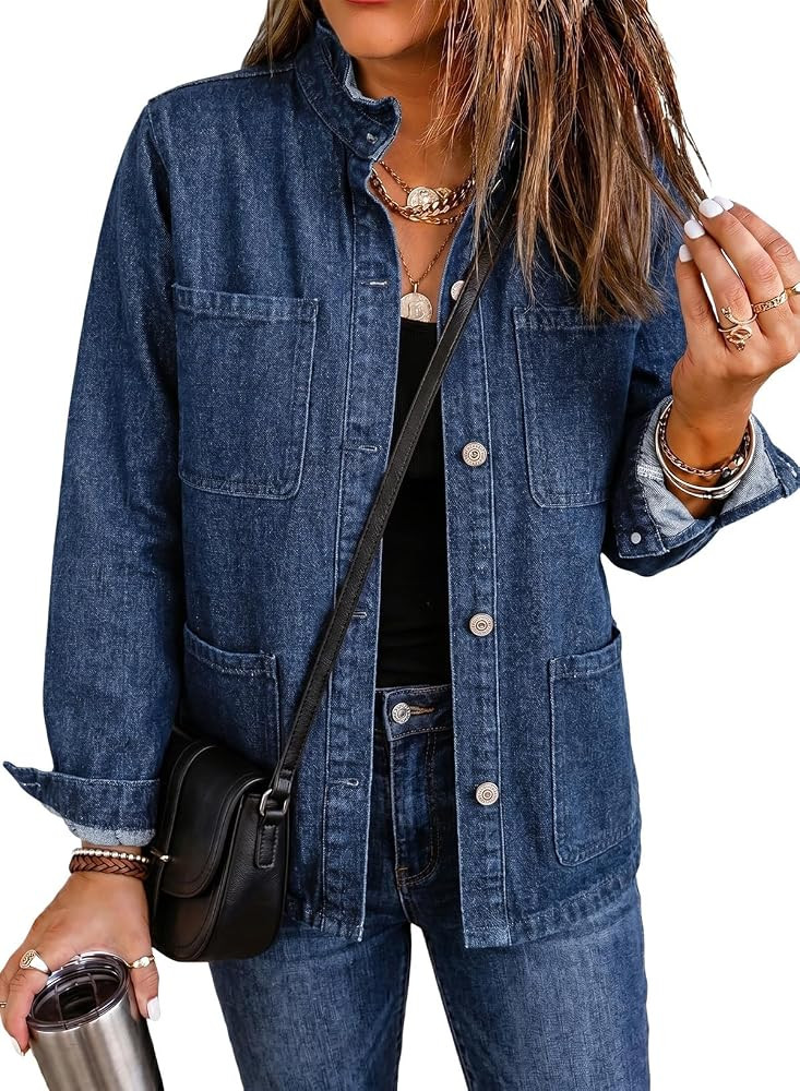 Dokotoo Womens Button Down Ruffle Casual Oversized Cropped Jean Jacket | Amazon (US)