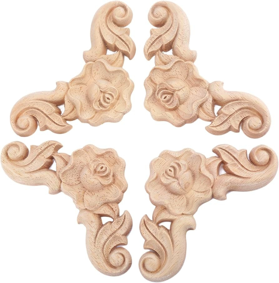 4Pcs Wooden Carved Rose Appliques Onlays, Unpainted Rose Carvings Decals for Cabinet Drawer Wall ... | Amazon (UK)