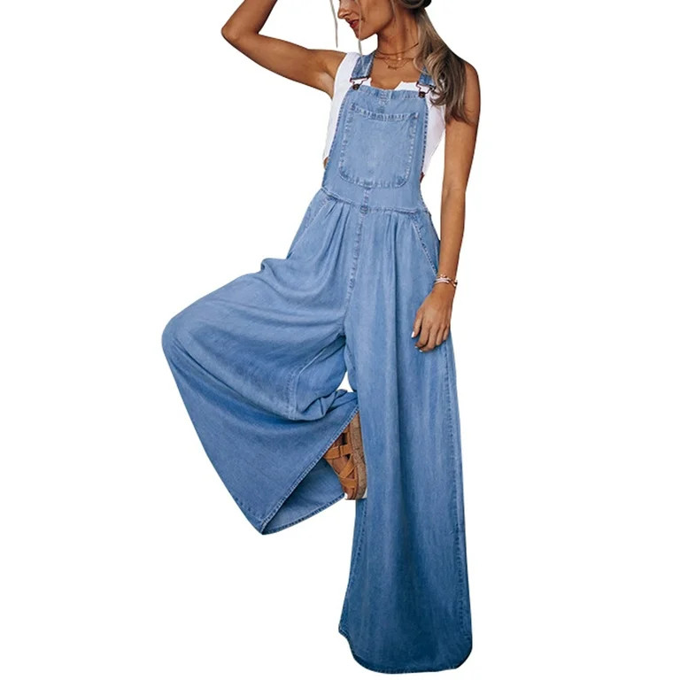 Chouyatou Women's Casual Loose Denim Cotton Overalls Stretch Adjustable Strap Wide Leg Bib Jean O... | Walmart (US)