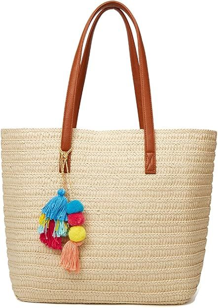 Obosoyo Straw Bags Beach Bag for Women Large Round Wicker Tote Bags Pompom Shoulder Bag Summer Pu... | Amazon (US)