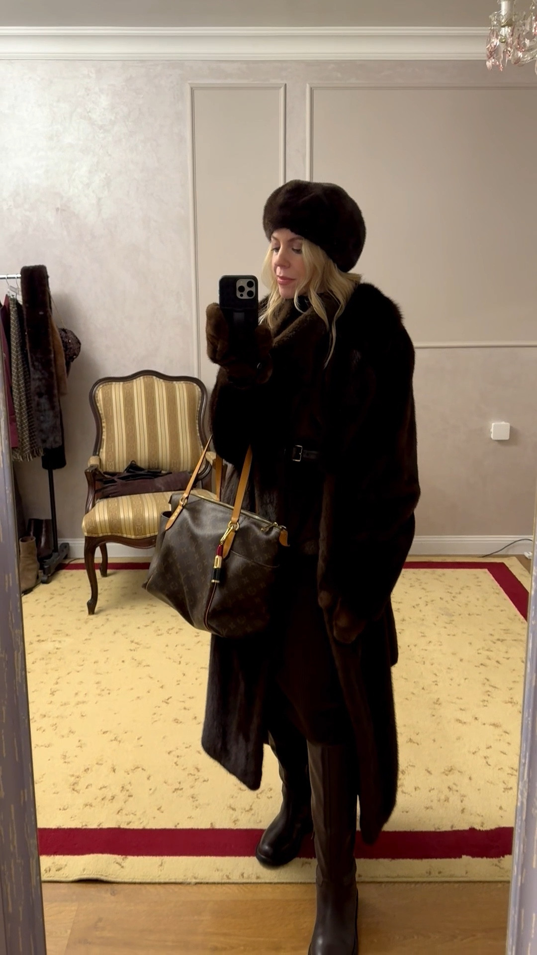 Winter workwear ootd, office look,
brown fur coat, faux fur vest, brown lug sole riding boots, Louis Vuitton tote bag 

#LTKWorkwear #LTKOver40 #LTKootd