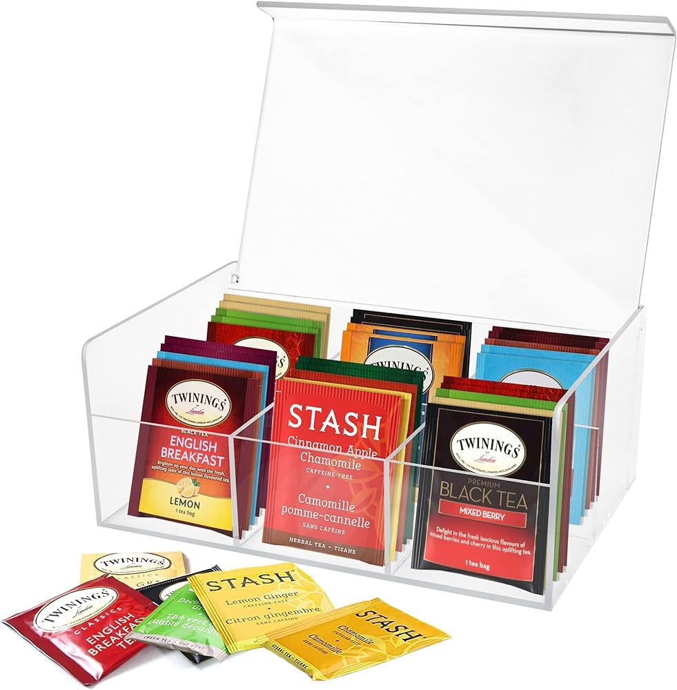 RoyalHouse Acrylic Tea Bag Holder Storage Organizer, 6 Compartment BPA Free Clear Plastic Tea Box... | Amazon (US)