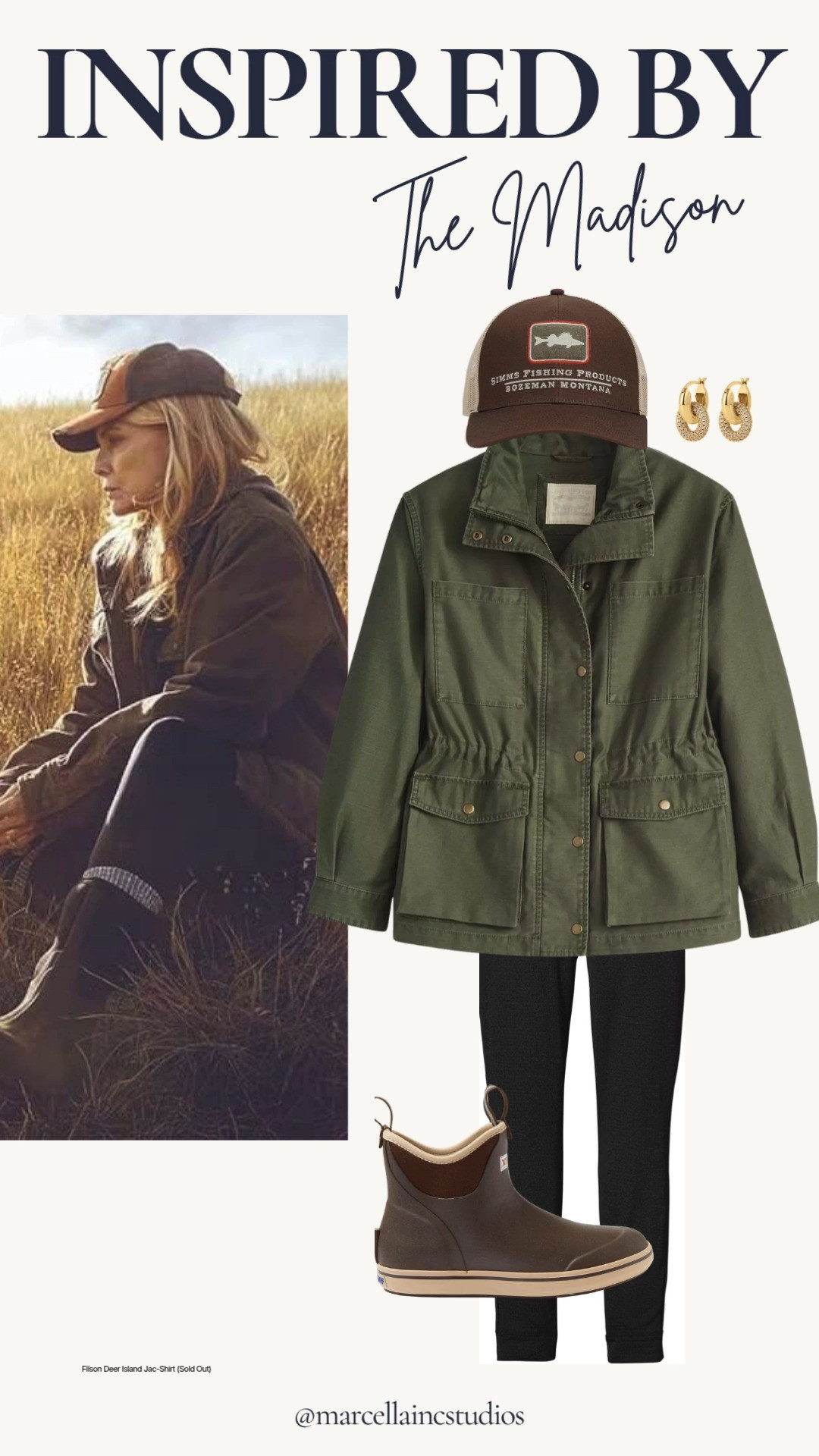 As seen in The Madison, Michelle Pfieffer (Stacy) fishing outfit with olive utility jacket, boots and Montana hat. #themadison #falloutfit #leggings #waterproofboots #westernoutfit #recreatethelook #ltkstyletip 

 

#LTKootd #LTKSeasonal #LTKOver40