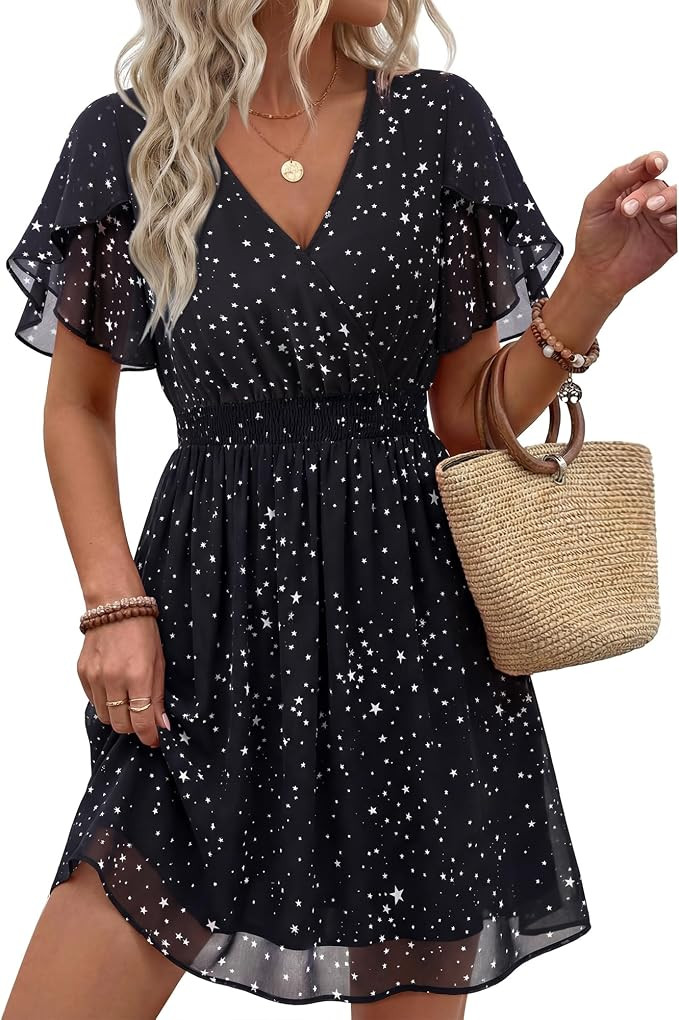 Womens Summer Ruffle Short Sleeve Dress V Neck Flowy Chiffon Layers Boho Dresses | Amazon (US)