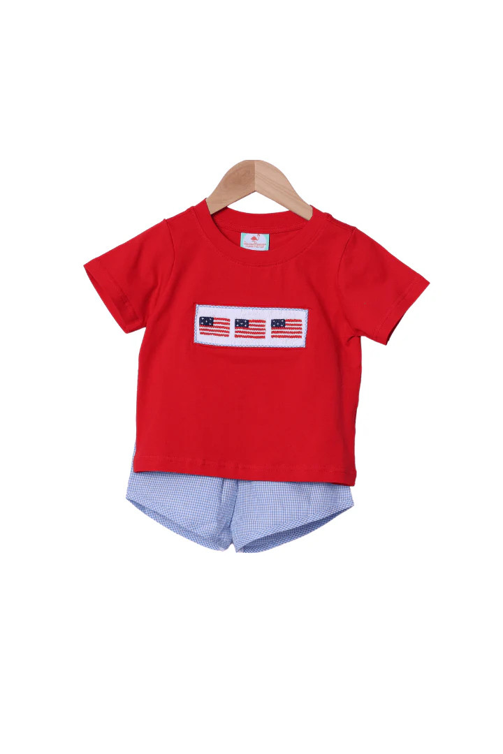 Smocked Freedom Flag Red/Blue Seersucker Short Set | The Smocked Flamingo